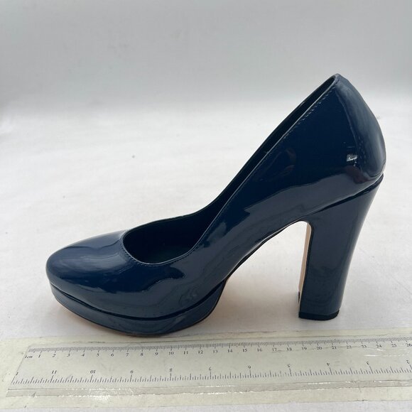 miss left Navy Platform Almond Toe Pumps Classic Slip On Chunky High Heel Shoes - Picture 2 of 8